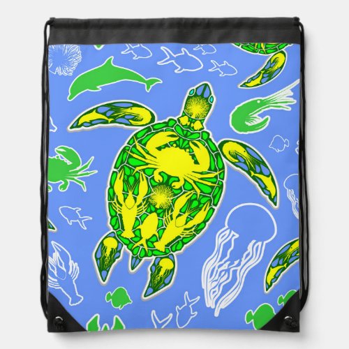 Sea Turtle Coral Reef Marine Life Symbol  Drawstring Bag