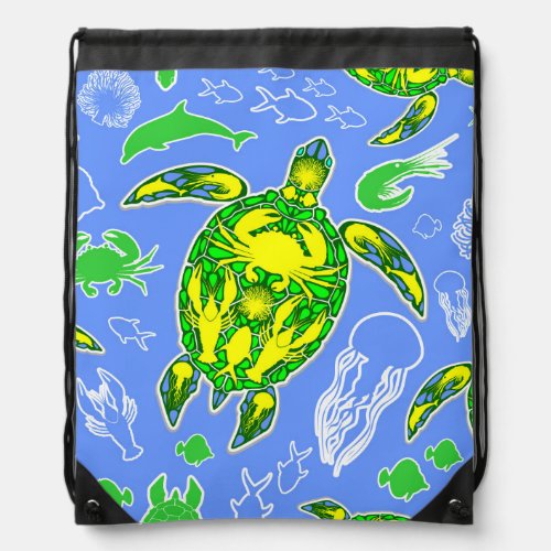Sea Turtle Coral Reef Marine Life Symbol  Drawstring Bag