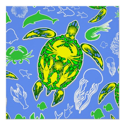 Sea Turtle Coral Reef Marine Life Symbol  Poster
