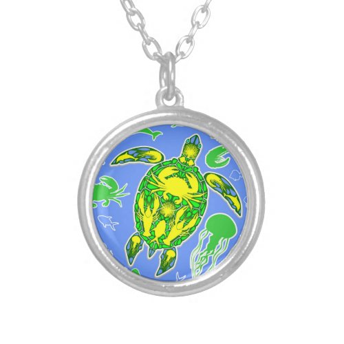 Sea Turtle Coral Reef Marine Life Symbol  Silver Plated Necklace