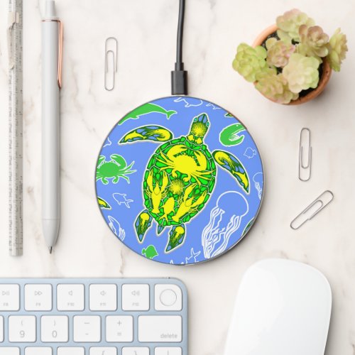 Sea Turtle Coral Reef Marine Life Symbol  Wireless Charger
