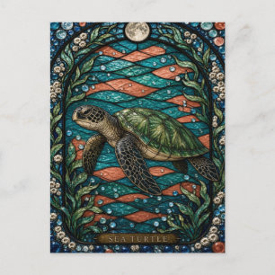 Sea Turtle Coral Shallows Illumina Stained Glass Postcard