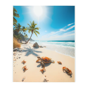 Sea Turtle & Crabs on Tropical Beach – Serene Ocea Metal Print