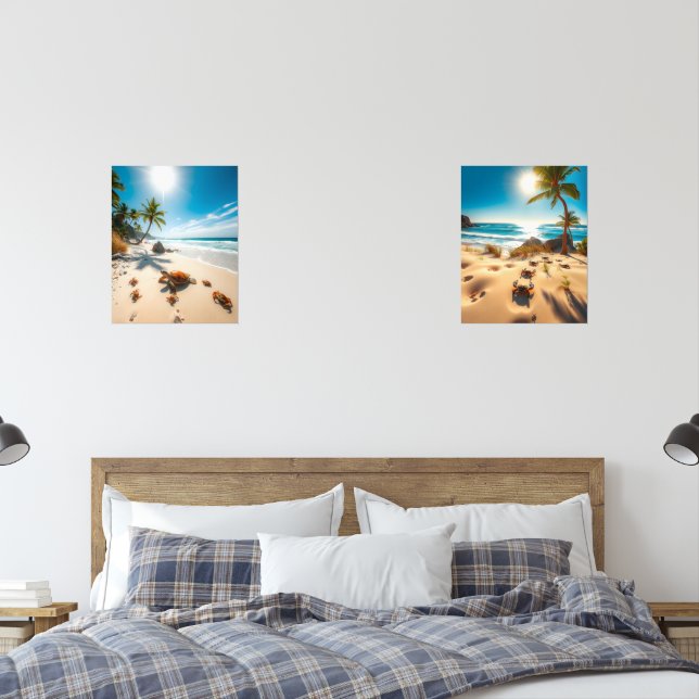 Sea Turtle & Crabs on Tropical Beach – Serene Ocea Wall Art Sets (Bedroom)