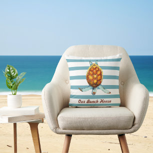 Sea Turtle Custom Beach House on Dark Aqua Stripes Throw Pillow