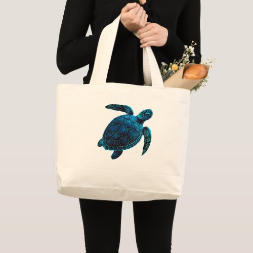 Sea turtle digital drawing large tote bag