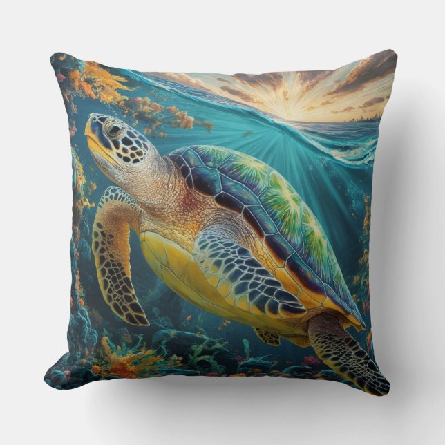 Sea Turtle Diving in the Sea Throw Pillow (Front)