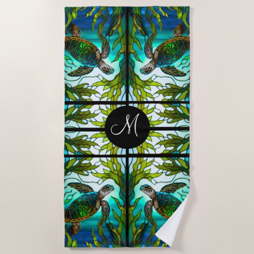 Sea Turtle Faux Stained Glass Beach Towel