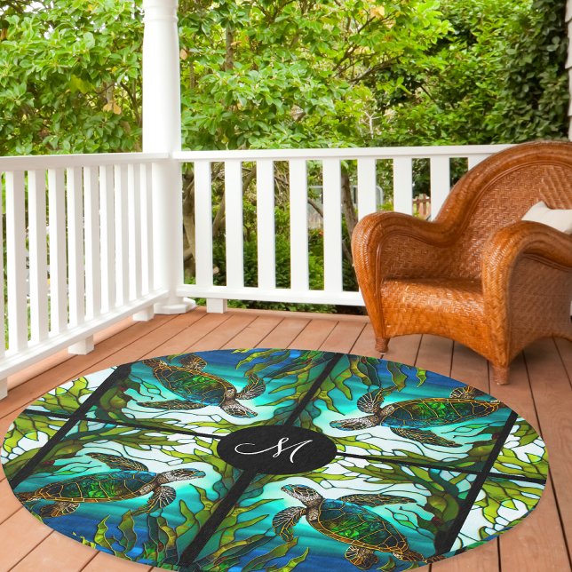 Sea Turtle Faux Stained Glass Round Outdoor Rug (Creator Uploaded)