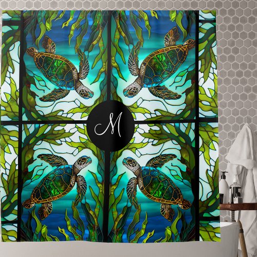Sea Turtle Faux Stained Glass Round Shower Curtain