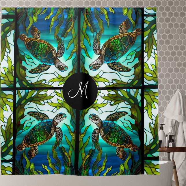 Sea Turtle Faux Stained Glass Round Shower Curtain (Creator Uploaded)
