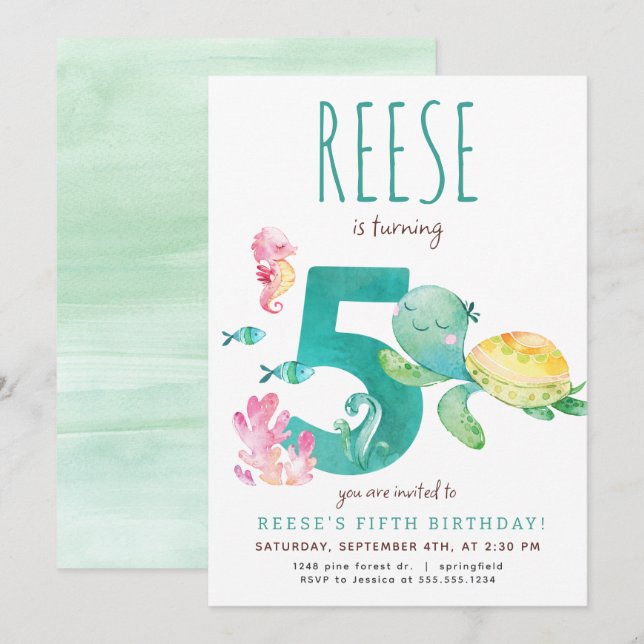 Sea Turtle Fifth Birthday Invitation (Front/Back)