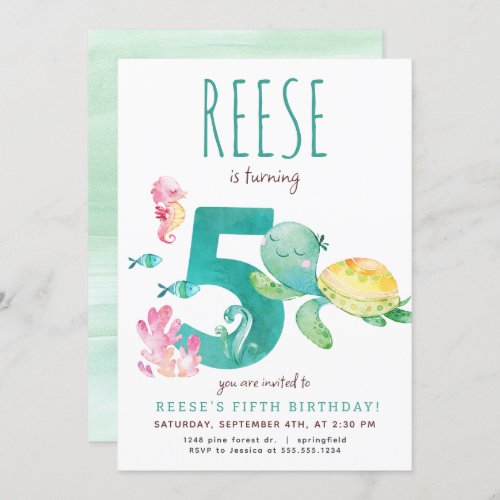 Sea Turtle Fifth Birthday Invitation