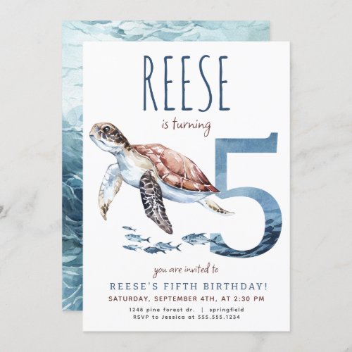 Sea Turtle Fifth Birthday Invitation