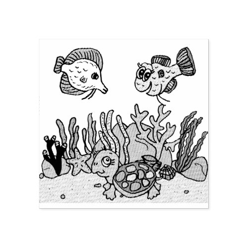 Sea Turtle  Fish and Coral Sea Floor Ocean Rubber Stamp