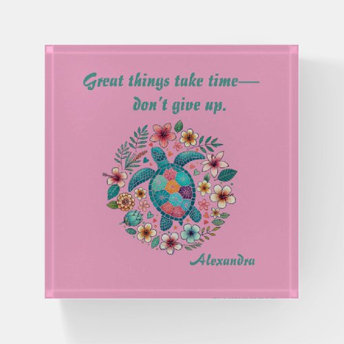 Sea Turtle Floral Boho School Office Name  Paperweight