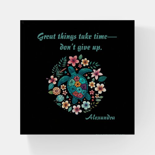 Sea Turtle Floral Boho School Office Name  Paperweight