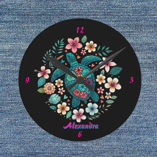 Sea Turtle Floral Boho School Office Name Round Clock
