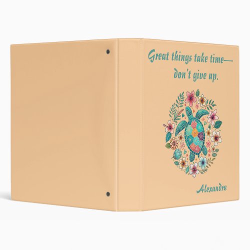 Sea Turtle Floral Boho School Office with Name 3 Ring Binder