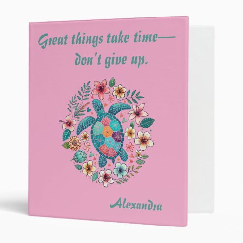 Sea Turtle Floral Boho School Office with Name 3 Ring Binder