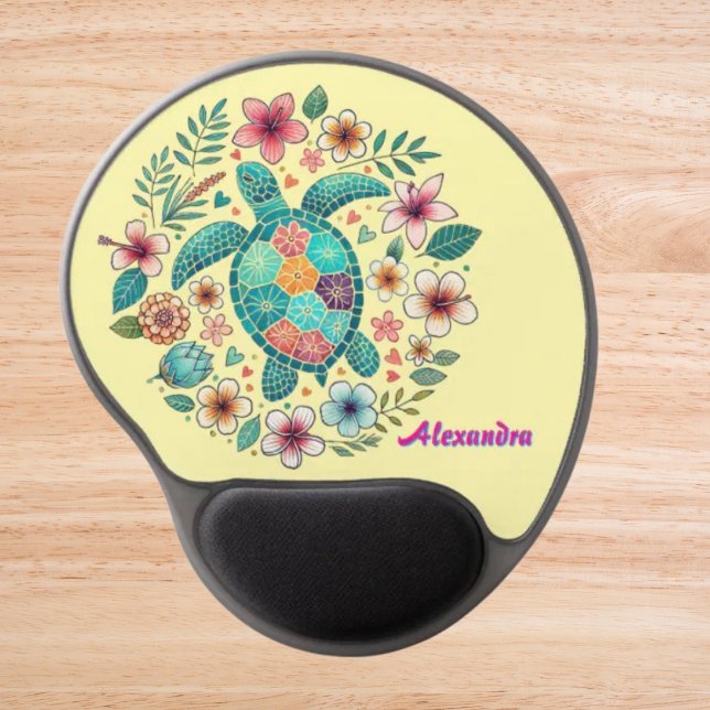 Sea Turtle Floral Boho School Office with Name  Gel Mouse Pad (Creator Uploaded)