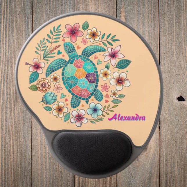 Sea Turtle Floral Boho School Office with Name  Gel Mouse Pad (Creator Uploaded)