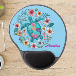 Sea Turtle Floral Boho School Office with Name Gel Mouse Pad