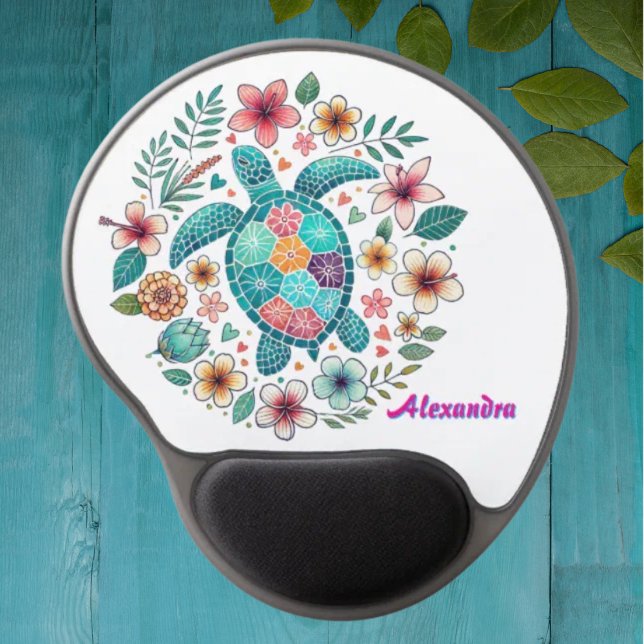 Sea Turtle Floral Boho School Office with Name  Gel Mouse Pad (Creator Uploaded)