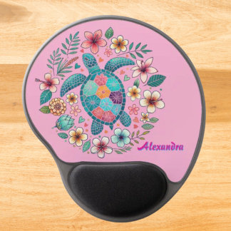 Sea Turtle Floral Boho School Office with Name Gel Mouse Pad