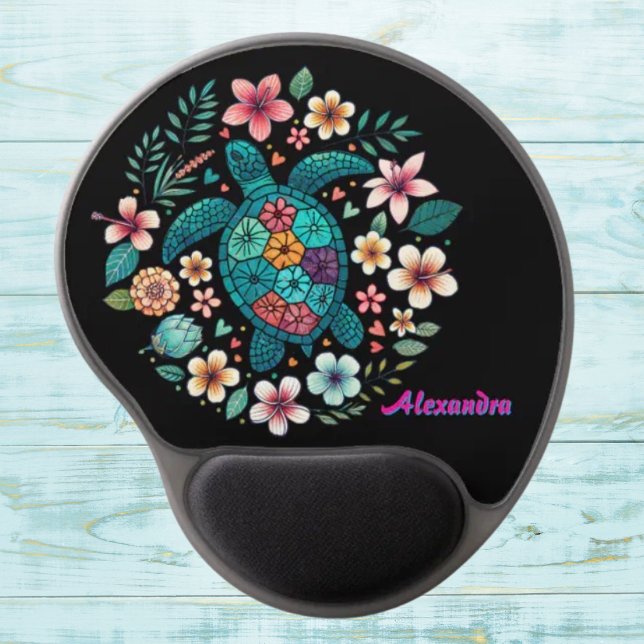 Sea Turtle Floral Boho School Office with Name  Gel Mouse Pad (Creator Uploaded)