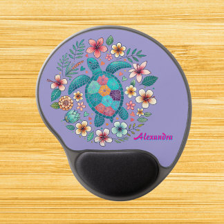 Sea Turtle Floral Boho School Office with Name Gel Mouse Pad