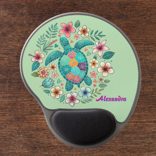 Sea Turtle Floral Boho School Office with Name Gel Mouse Pad