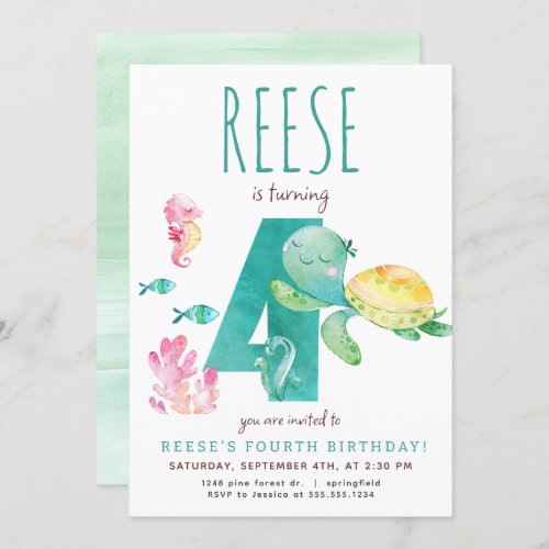 Sea Turtle Fourth Birthday Invitation