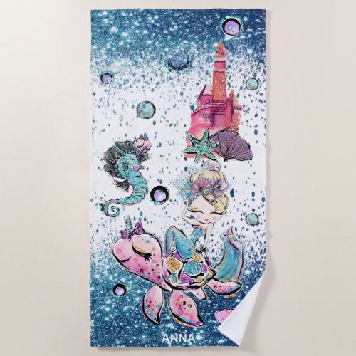  Sea Turtle Glitter Blonde Mermaid Sand Castle  Beach Towel