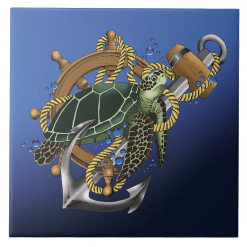 Sea Turtle Green Blue Ceramic Tile