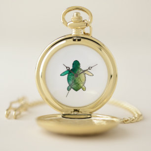 Sea Turtle green watercolor Pocket Watch