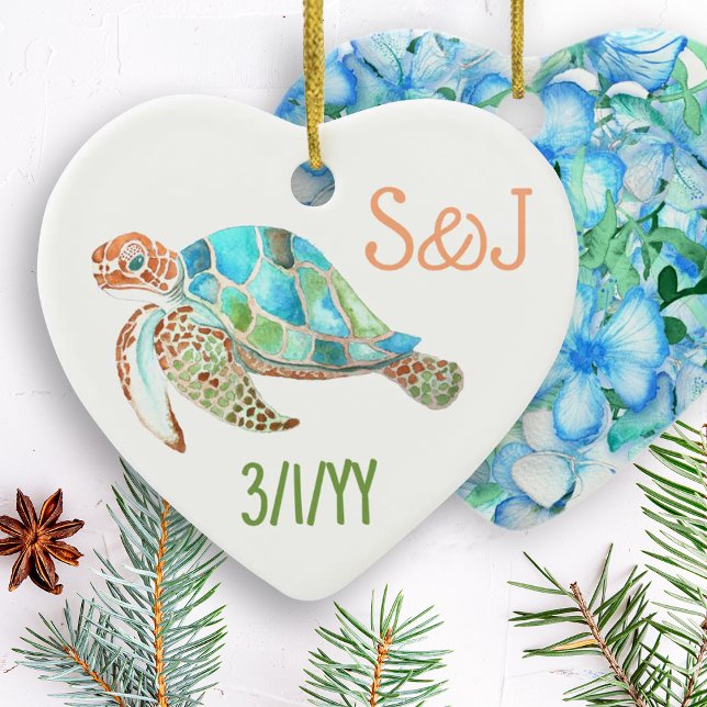Sea Turtle Heart, Monogram Christmas Ceramic Ornament (sea turtle christmas ornament, personalized tree ornament, hearth-shaped hawaiian ornament gift)