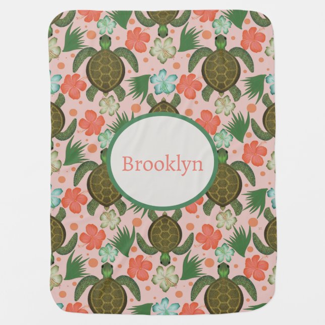 Sea Turtle & Hibiscus: Blush Pink Floral Nursery Baby Blanket (Front)