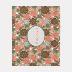 Sea Turtle & Hibiscus Coral Pink Floral Fleece Blanket