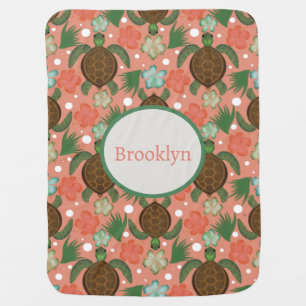 Sea Turtle & Hibiscus Coral Pink Floral Nursery Baby Blanket