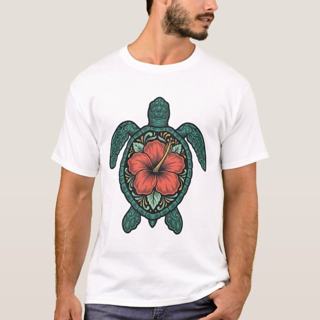 Sea Turtle Hibiscus Engraving Vector Design_1 T-Shirt (Front)