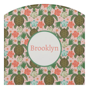 Sea Turtle & Hibiscus Pink Floral Nursery Door Sign
