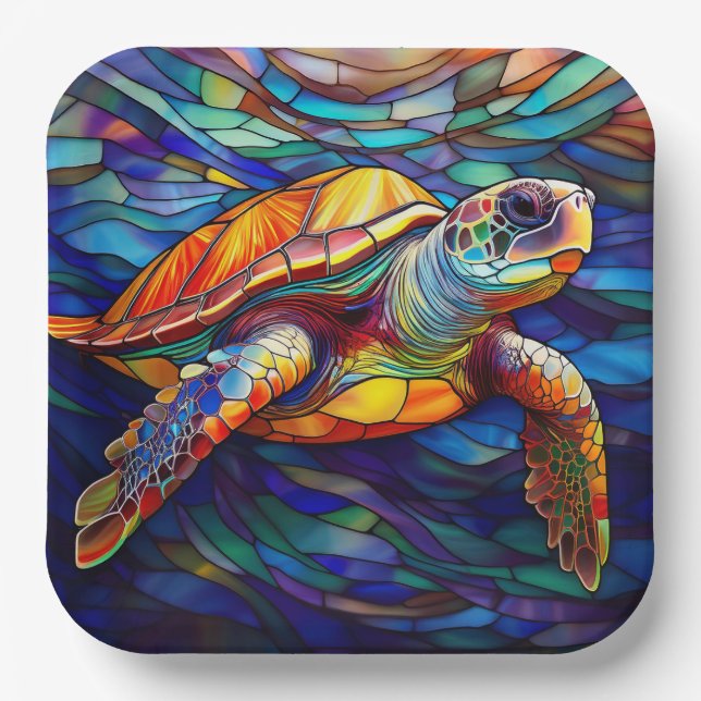 Sea turtle honu Stained glass art Paper Plates (Front)