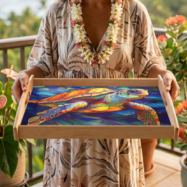 Sea turtle honu Stained glass art Serving Tray (Sea turtle stained glass art style serving tray)