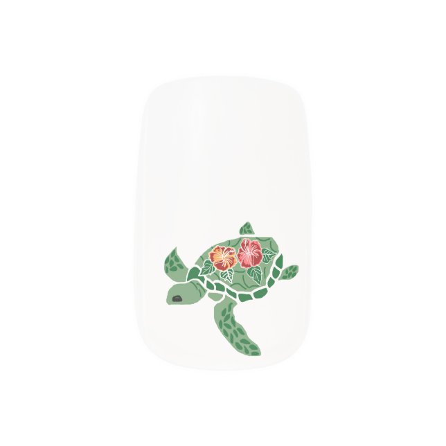 Sea Turtle Honu with Hibiscus Minx Nail Art (Right Thumb)