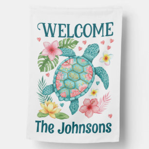 Sea Turtle House Flag Teal, Pink, Yellow and Gold
