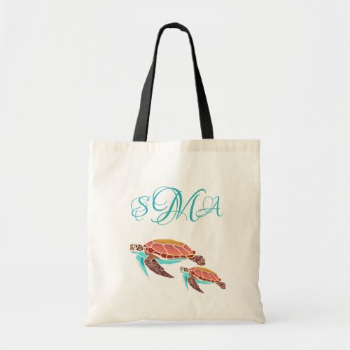 Sea Turtle Illustration Monogrammed Tote Bag