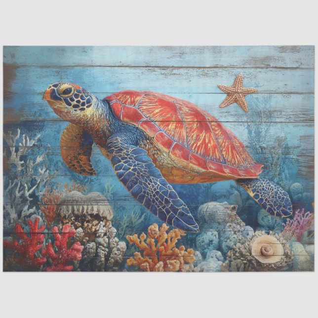 Sea Turtle Illustration on Wood Decoupage Tissue Paper (Front)