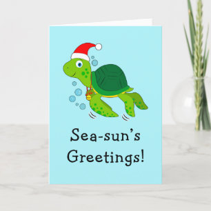 Sea Turtle in a Santa Hat Ocean Christmas Holiday Card