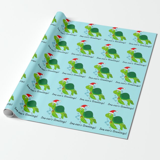 Sea Turtle in a Santa Hat Ocean Christmas Holiday Wrapping Paper (Unrolled)